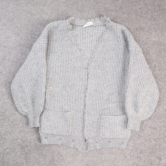 Women's Goodnight Macaroon Large Gray Long Sleeve Cardigan Pocket Sweater - Picture 1 of 9